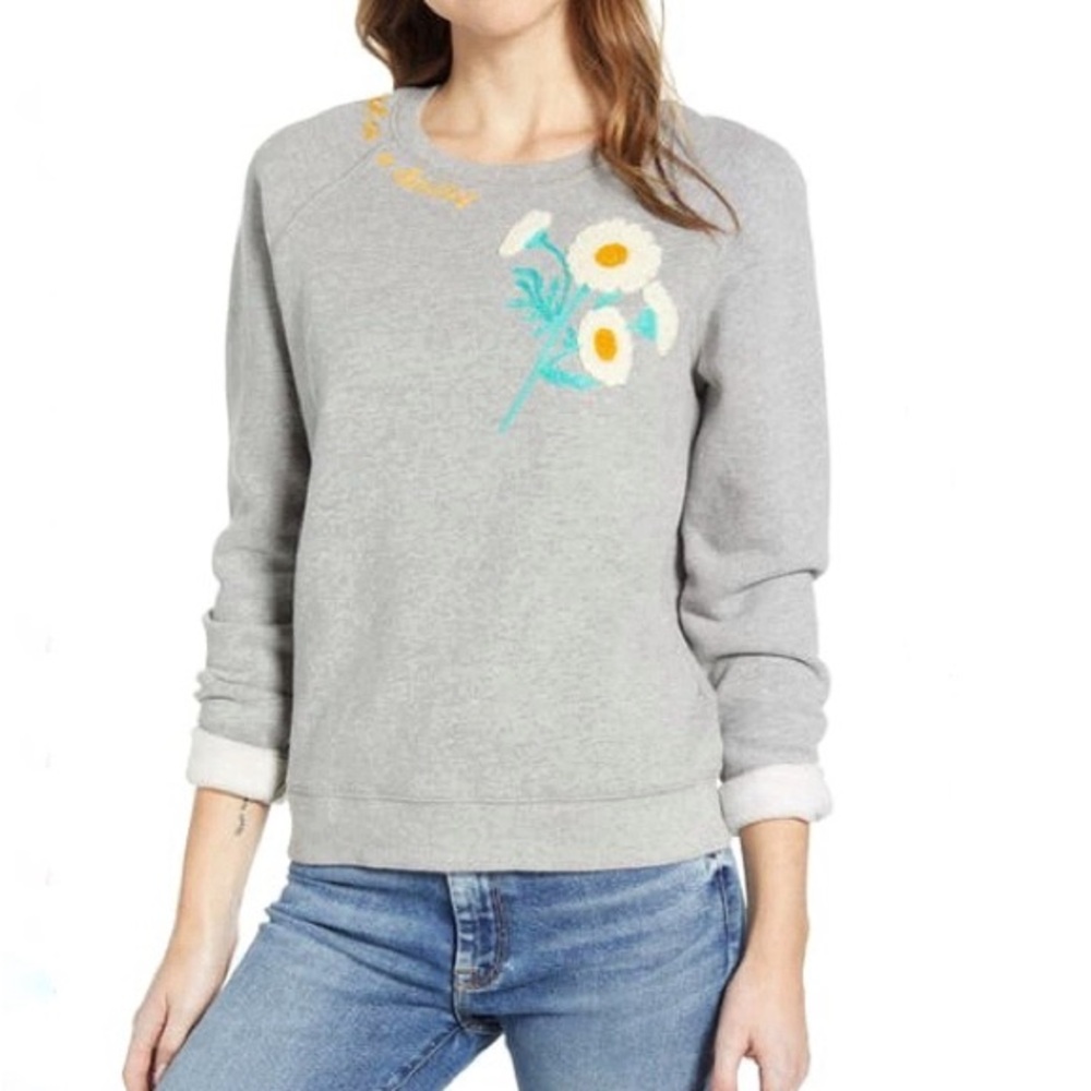Lucky Brand Embroidered Sweatshirt Fresh As A Daisy Gray Raglan Pullover Flower